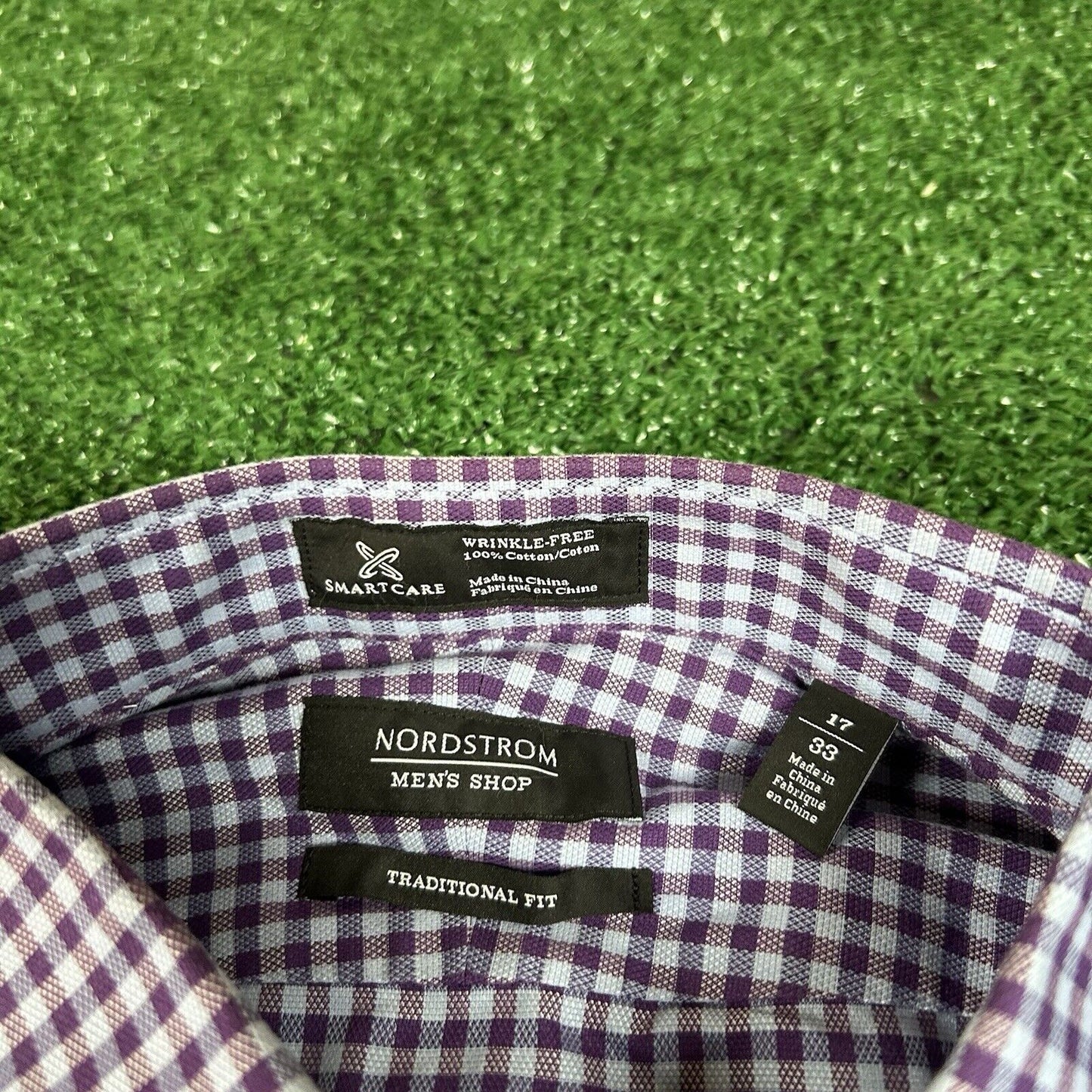 Nordstrom Dress Shirt Mens 17 33 Purple Blue Check Preppy Button Up Long Sleeve