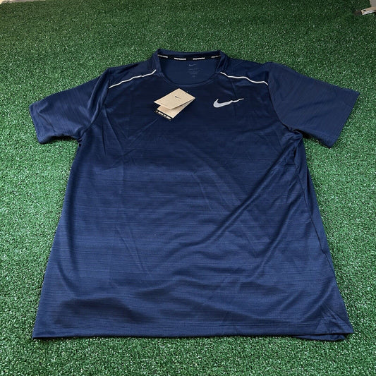 Nike Running Shirt Mens Large Navy Short Sleeve Athletic Dri-fit Mesh Swoosh New