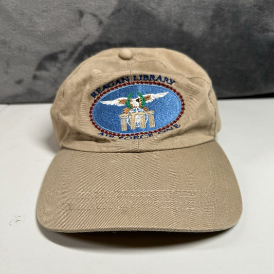 Vintage Reagan Library Air Force One Hat Cap Mens Tan Strap Back Adjustable