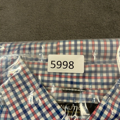 Nautica Shirt Mens Large Pink Blue White Check Button Up Short Sleeve Colorful