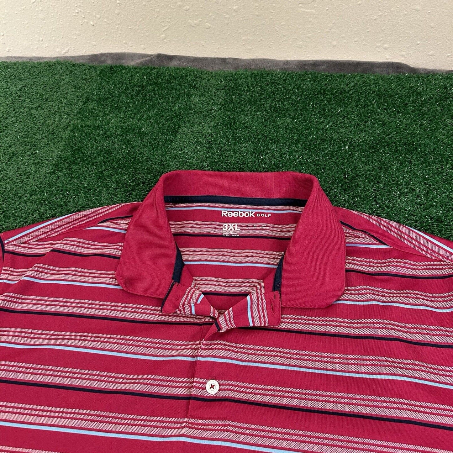 Reebok Polo Shirt Mens 3XL Pink/Red Blue Striped Short Sleeve Golf Athletic
