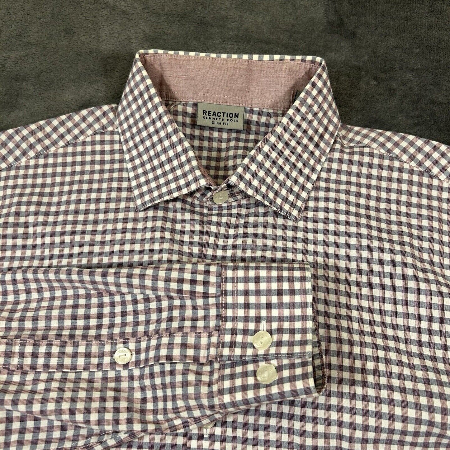 Kenneth Cole Dress Shirt Mens 16 34/35 Purple Blue Check Button Up Slim Fit