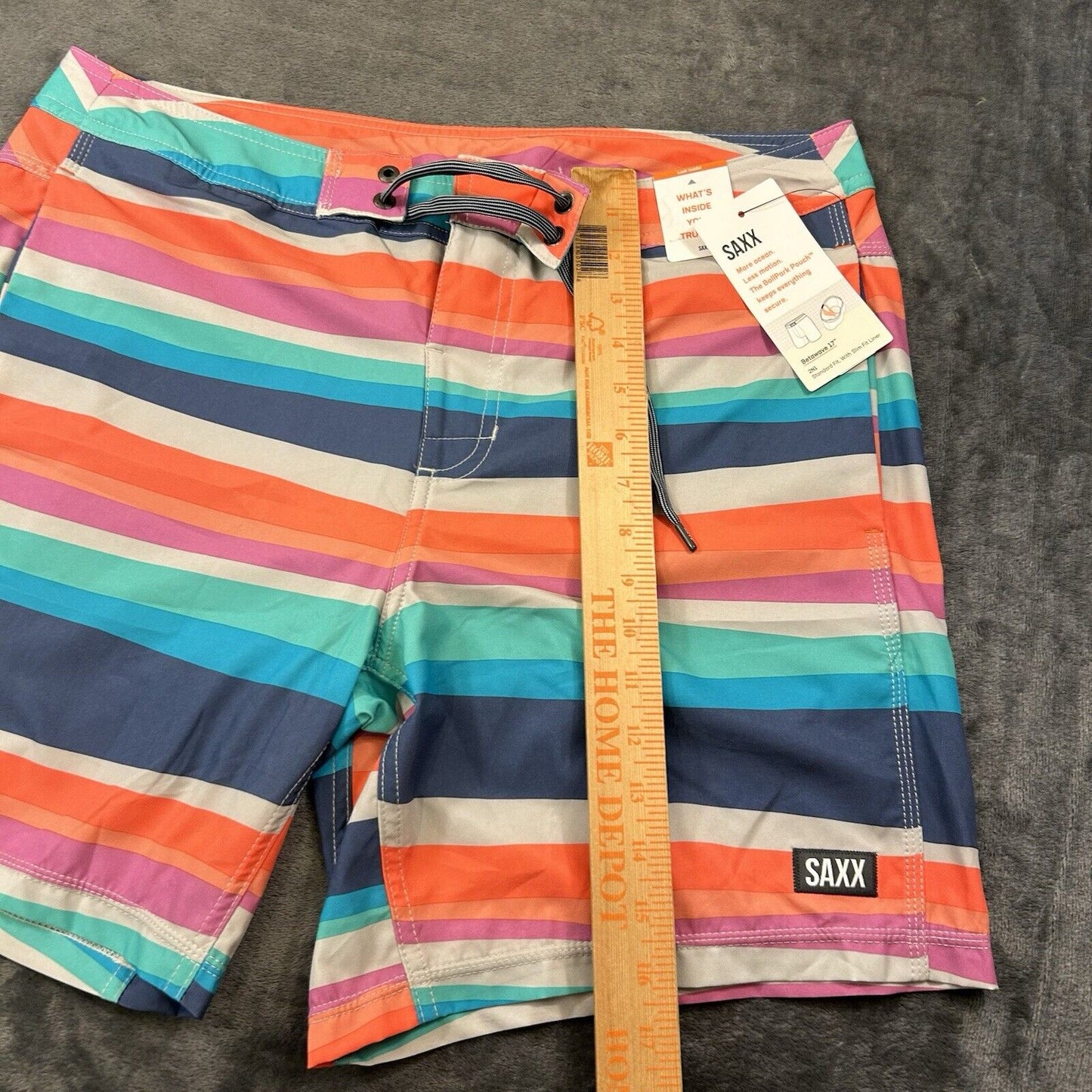 SAXX Betawave 2N1 Board Shorts Men 34" Orange Blue Striped Drawstring Swim NEW