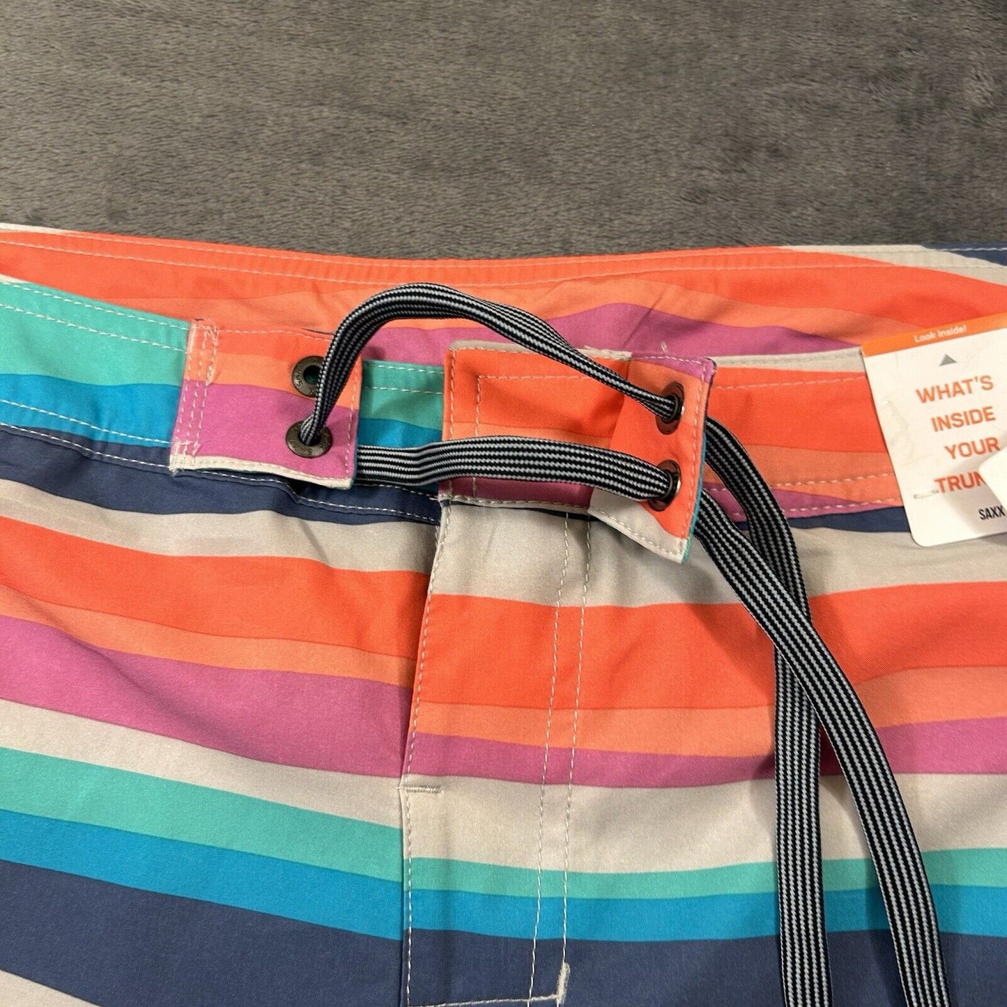 SAXX Betawave 2N1 Board Shorts Men 34" Orange Blue Striped Drawstring Swim NEW