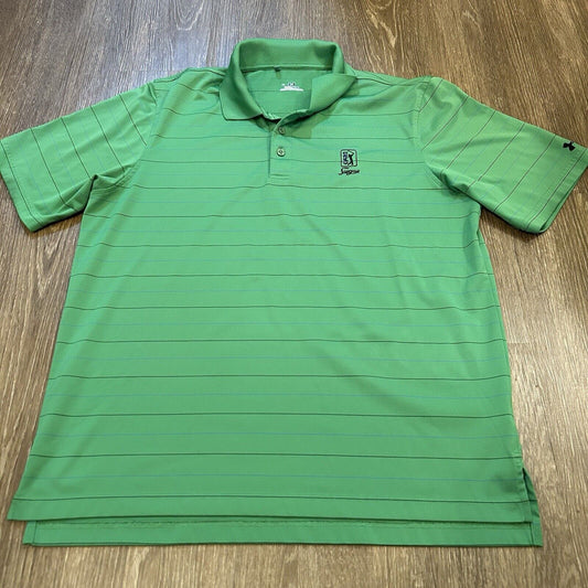 Under Armour Polo Shirt Mens Large Green Striped Heatgear TPC Golf Athletic