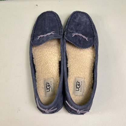 Ugg Ansley Moccasins Womens 10 M Blue Suede Slippers Casual Comfort Fur Warm