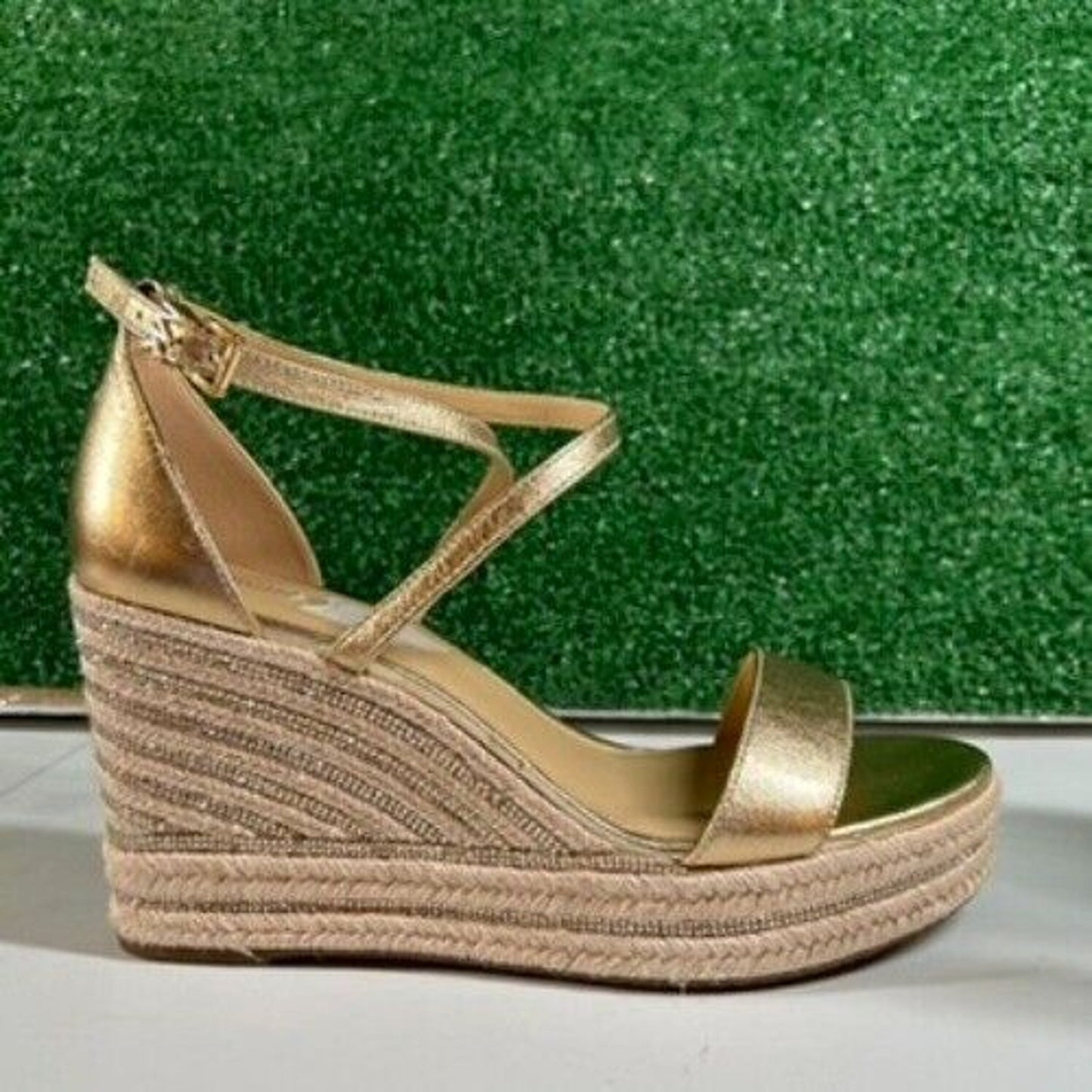 Michael Kors Kayla Metallic Leather Rhinestone Espadrille Wedge Sandals Women 10