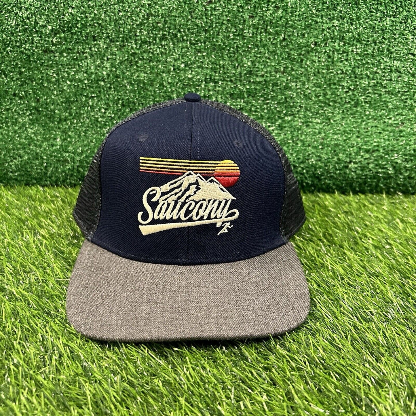 Saucony Trucker Hat Cap Mens Snapback Navy Gray Embroidered Wool Mesh Back