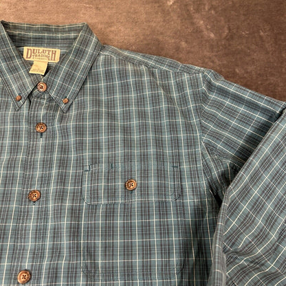 Duluth Trading Shirt Men Large Turquoise Check Preppy Button Up Long Sleeve Work