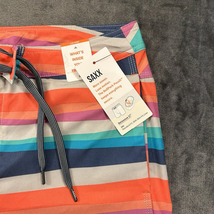 SAXX Betawave 2N1 Board Shorts Men 34" Orange Blue Striped Drawstring Swim NEW