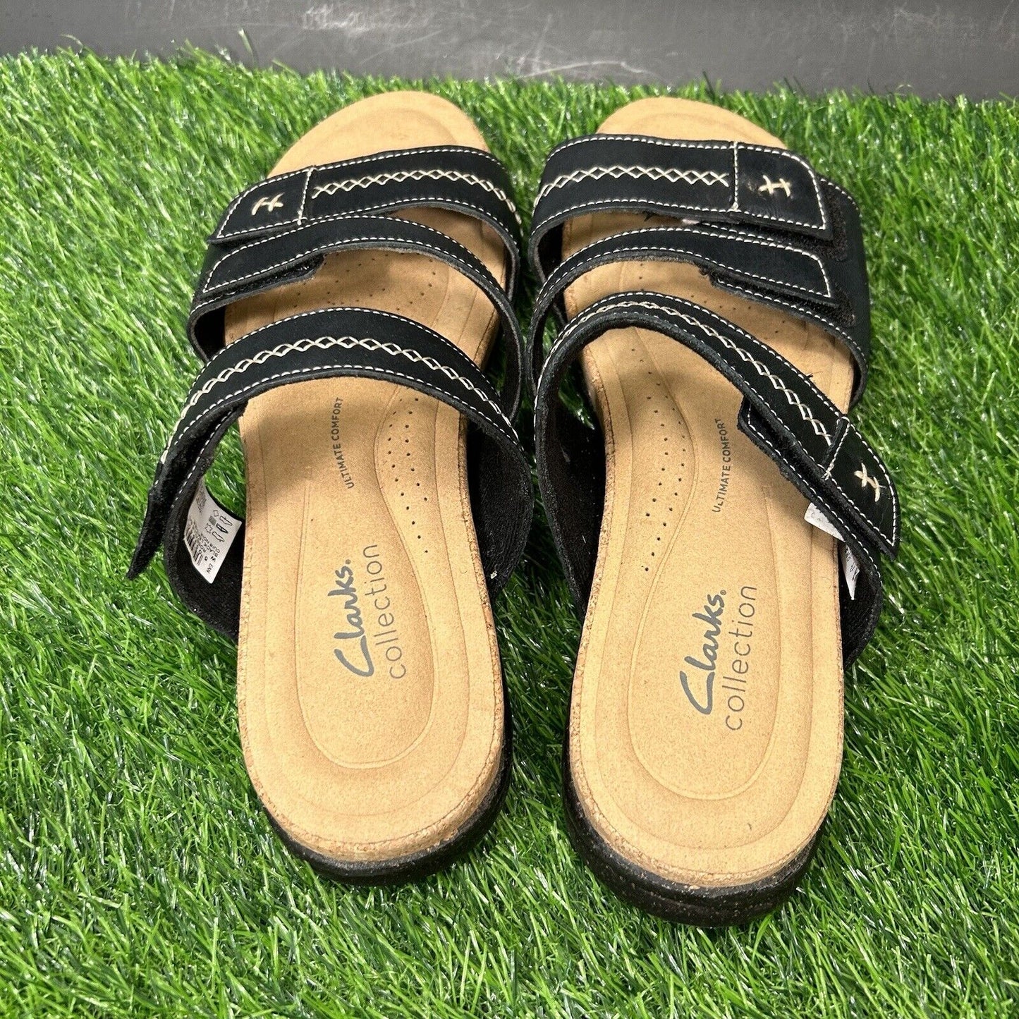 Clarks Roseville Bay Sandals Womens 9.5 M Black Slides Slip On Leather Straps