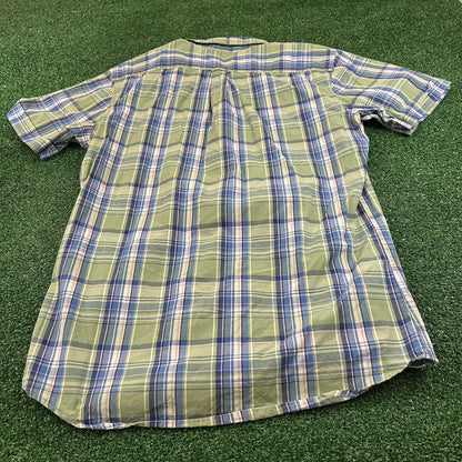 Izod Saltwater Shirt Mens Medium Green Blue Plaid Relaxed Button Up Short Sleeve