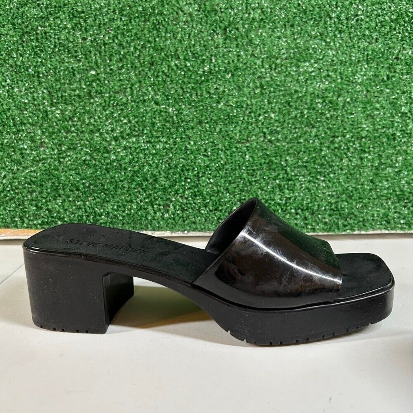 Steve Madden Harlin Platform Sandals Block Heel Slide On Mule Black Womens 9