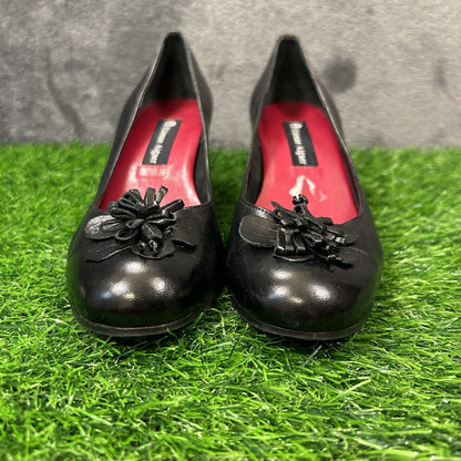 Etienne Aigner Heels Womens 7.5 M Black Pumps Leahter Casual Work Flower Preppy