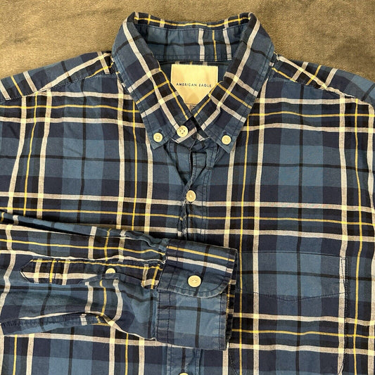 American Eagle Shirt Mens Medium Blue White Plaid Button Up Long Sleeve Outdoor