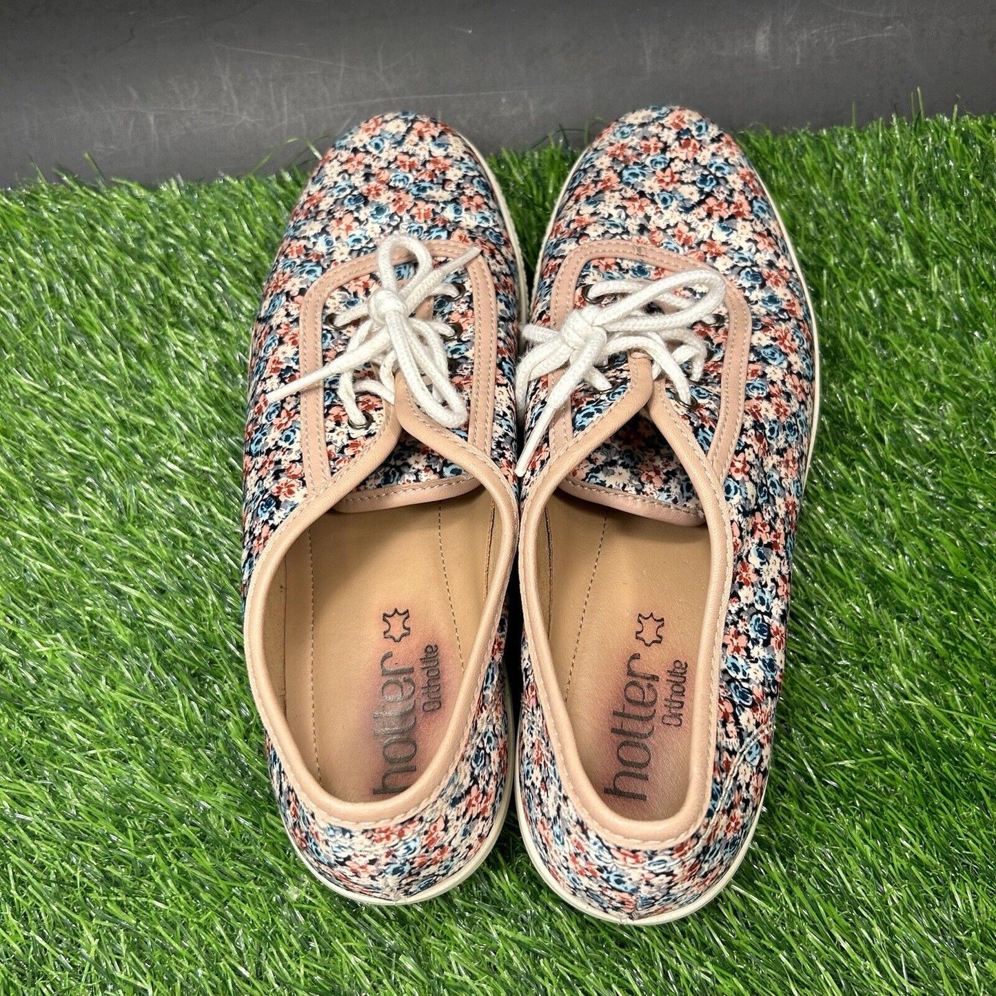 Hotter Mabel Shoes Womens 7 Red Blue Floral Fashion Sneakers Lace Up Casual