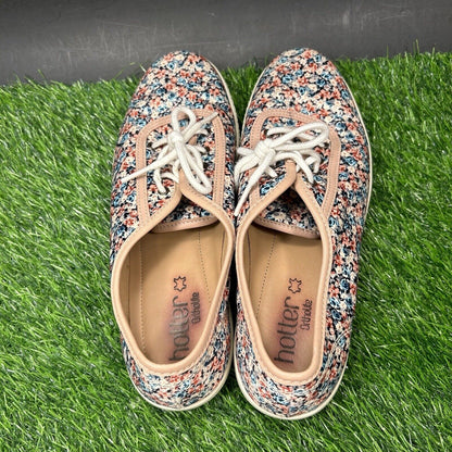 Hotter Mabel Shoes Womens 7 Red Blue Floral Fashion Sneakers Lace Up Casual