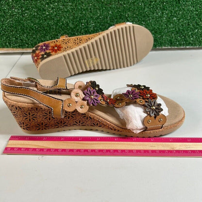 L'Artiste Spring Step Wellesta Floral Wedge Sandals Leather Comfort Womens 9 /40