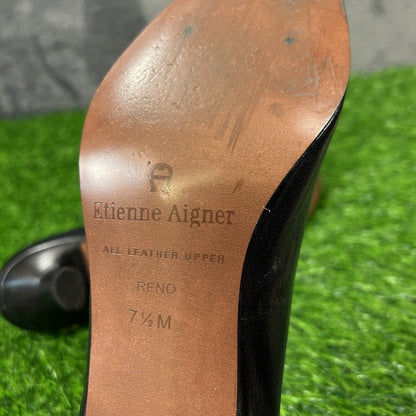 Etienne Aigner Heels Womens 7.5 M Black Pumps Leahter Casual Work Flower Preppy