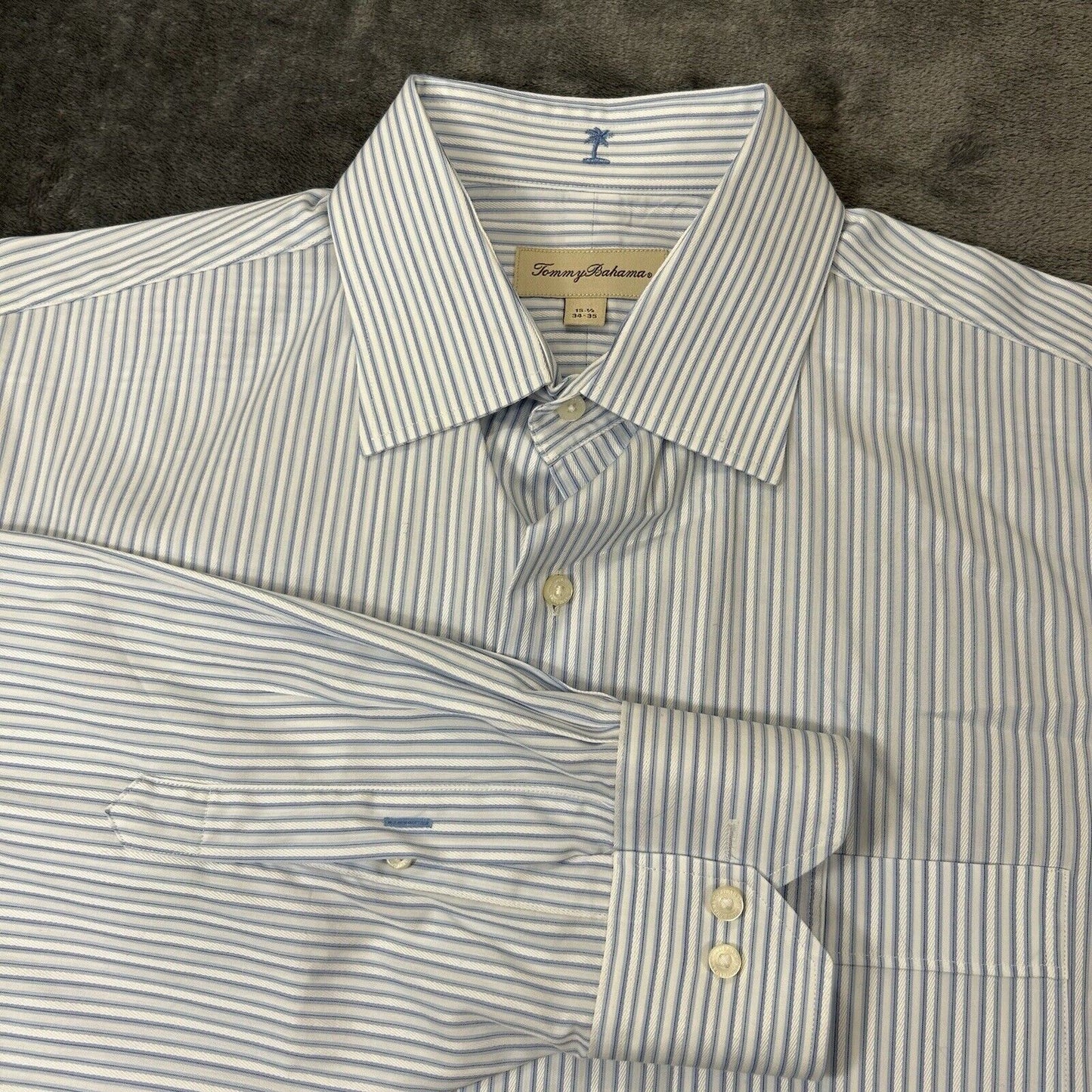 Tommy Bahama Shirt Mens 15.5 34/35 Blue White Striped Button Up Long Sleeve Work