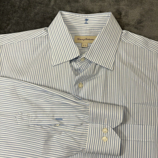 Tommy Bahama Shirt Mens 15.5 34/35 Blue White Striped Button Up Long Sleeve Work