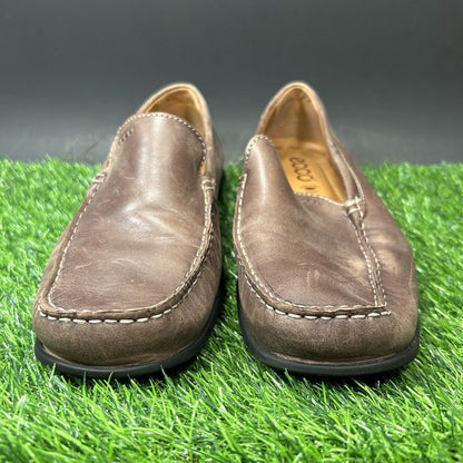 ECCO Loafer Mens 9 Brown Shoes Leather Slip On Casual Driving Comfort Square Toe