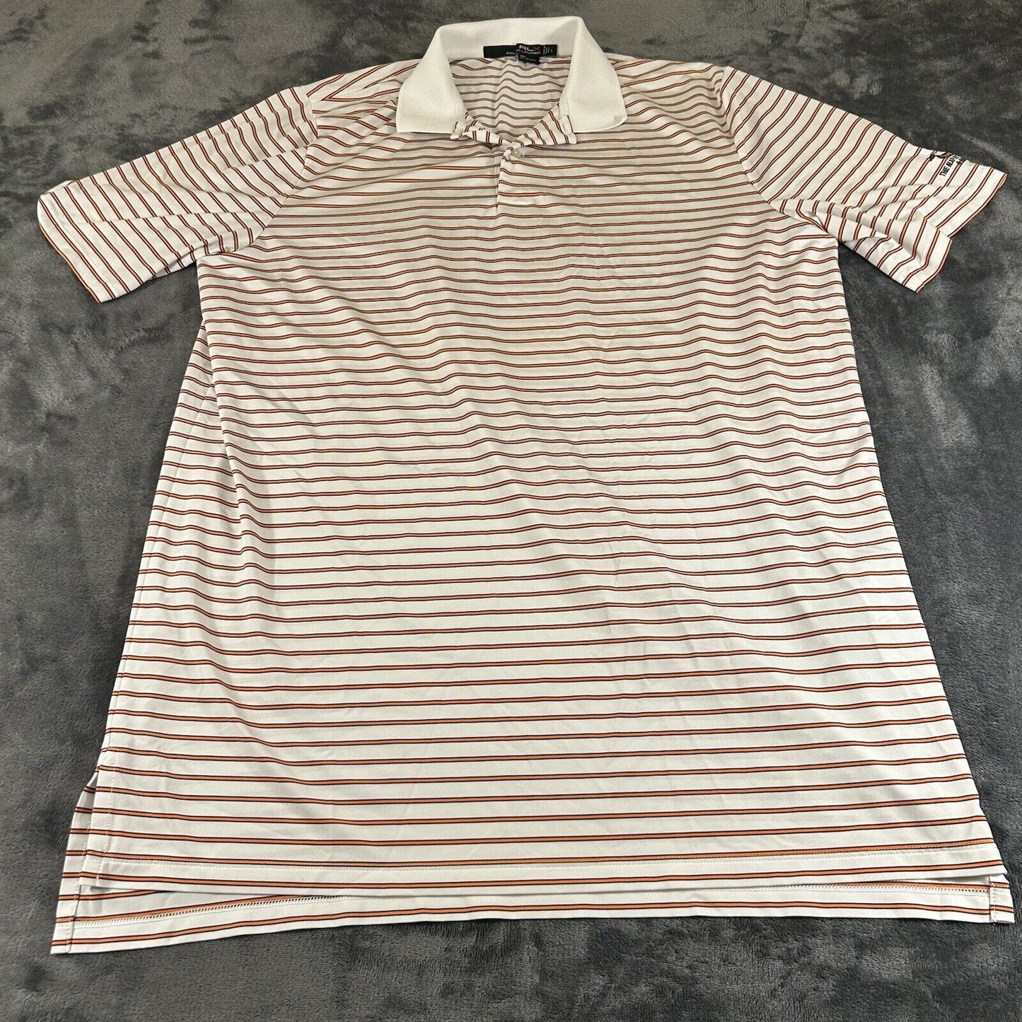 RLX Ralph Lauren Polo Shirt Mens Large White Orange Striped Short Sleeve Golf