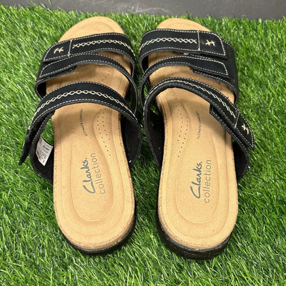 Clarks Roseville Bay Sandals Womens 9.5 M Black Slides Slip On Leather Straps