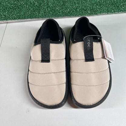 Crocs Classic Puff Mocs Beige Black Slip On Casual Comfort Shoes Womens 8 New