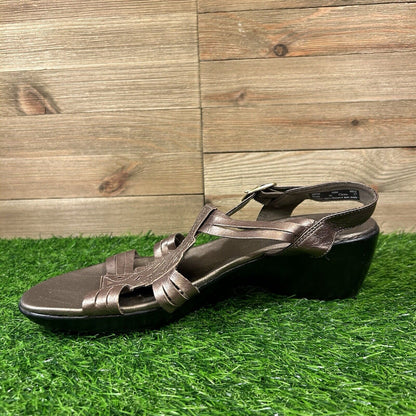 Clarks Bendables Sandals Womens 10 M Bronze Wedge Strappy Leather Open Toe