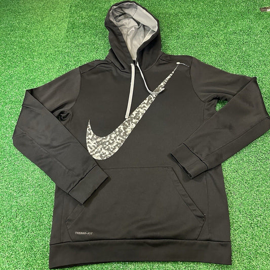 Nike Therma Fit Sweater Mens Medium Black Gray Sweatshirt Big Swoosh Hoodie