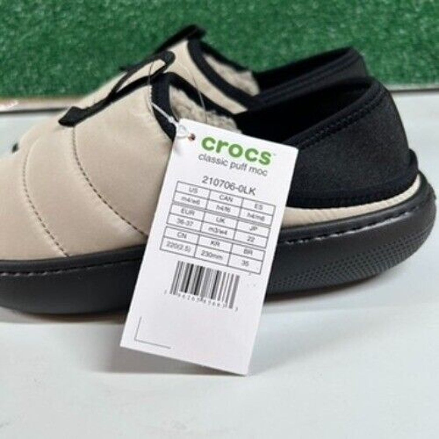 Crocs Classic Puff Mocs Beige Black Slip On Casual Comfort Shoes Womens 6 New