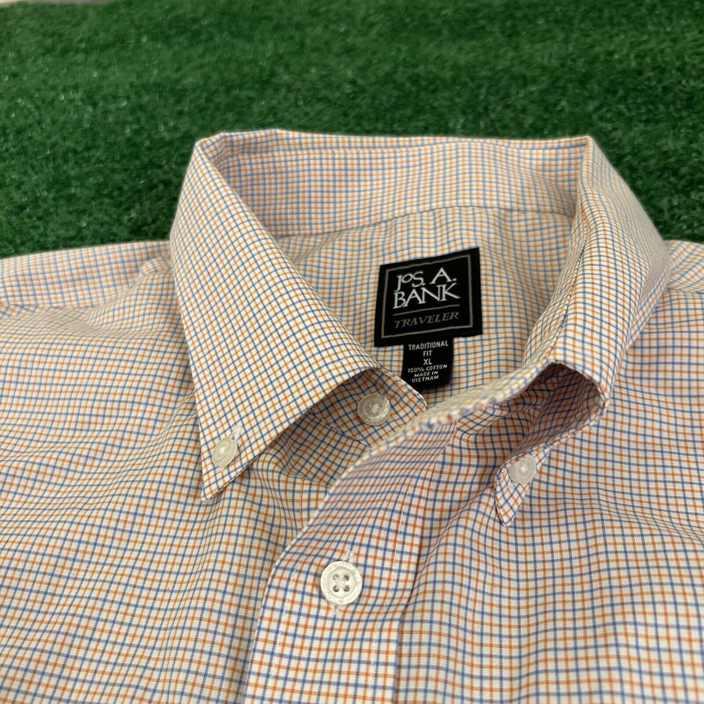 Jos a Bank Shirt Mens Extra Large Blue Orange Check Button Up Short Sleeve Work