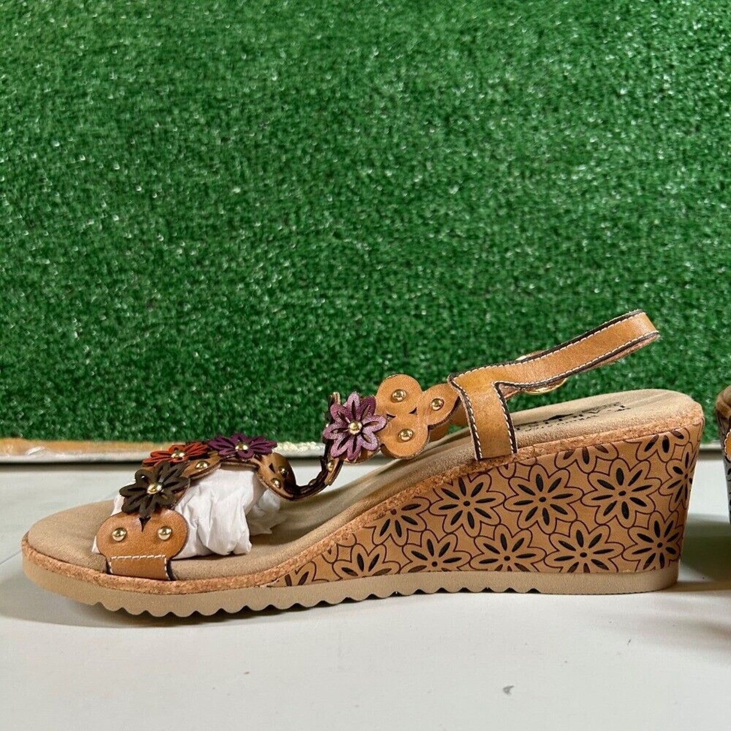 L'Artiste Spring Step Wellesta Floral Wedge Sandals Leather Comfort Womens 9 /40