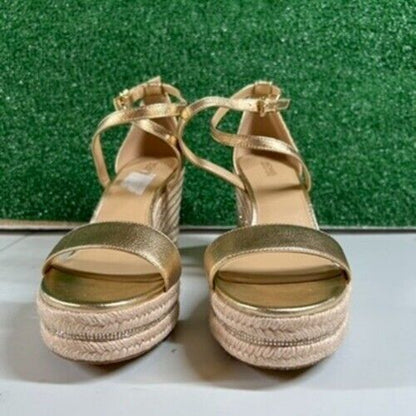 Michael Kors Kayla Metallic Leather Rhinestone Espadrille Wedge Sandals Women 10