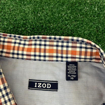 Izod Shirt Mens Extra Large Orange Blue Check Button Up Short Sleeve Colorful