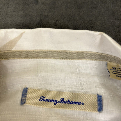 Tommy Bahama Shirt Mens Extra Large White Brown Floral Button Up Linen Hawaiian