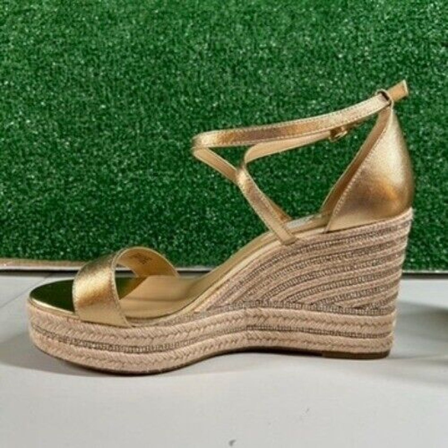 Michael Kors Kayla Metallic Leather Rhinestone Espadrille Wedge Sandals Women 10
