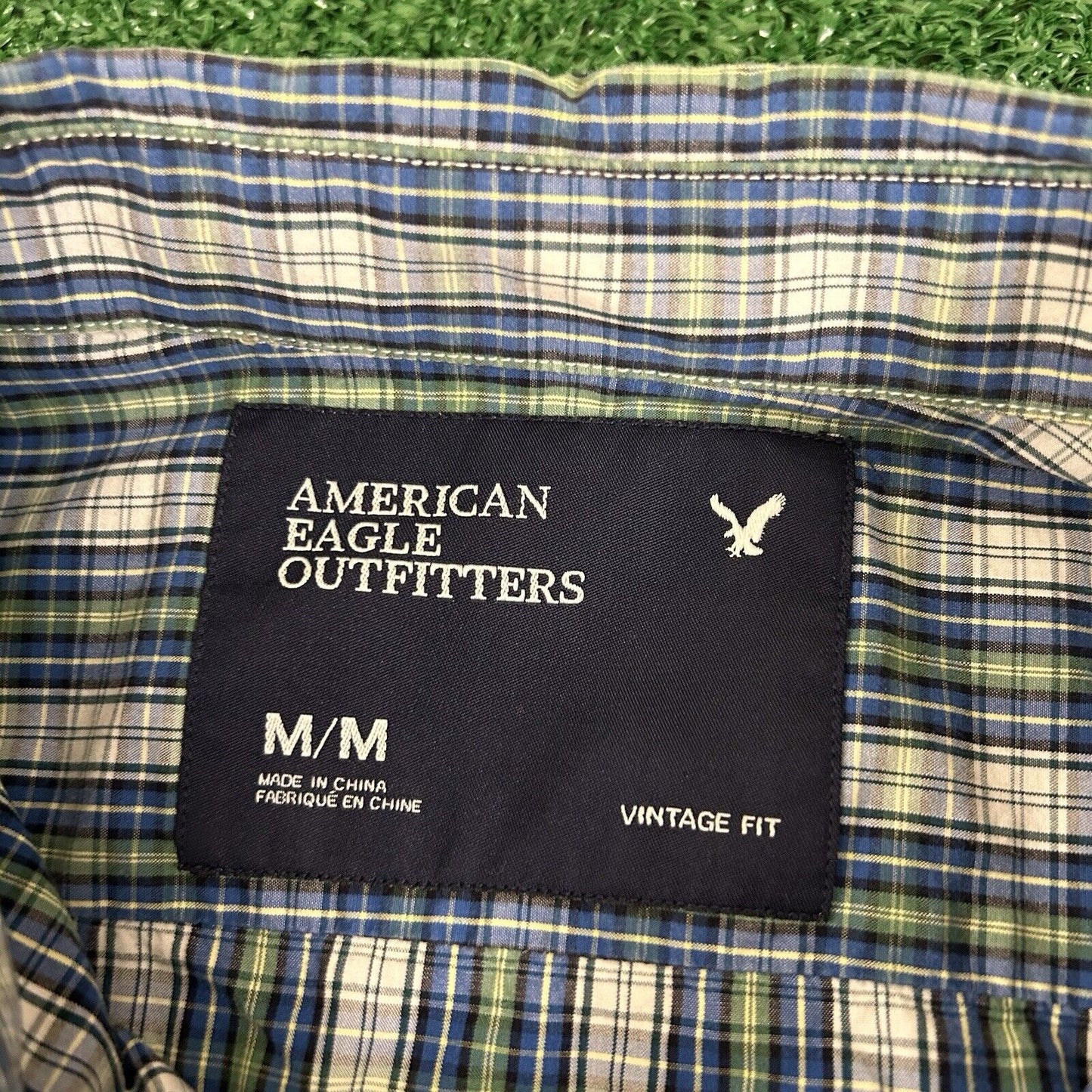 American Eagle Shirt Mens Medium Blue Green Plaid Button Up Long Sleeve Y2K