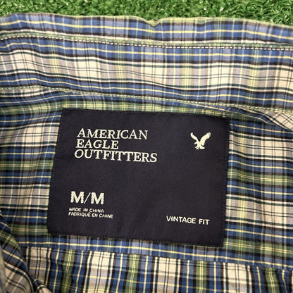 American Eagle Shirt Mens Medium Blue Green Plaid Button Up Long Sleeve Y2K