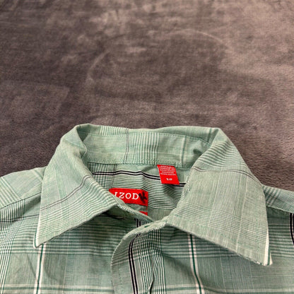 Izod Shirt Mens Small Green Black Plaid Button Up Long Sleeve Work Slim Fit