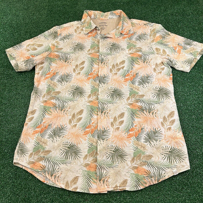 Chaps Hawaiian Shirt Men Large Orange Beige Floral Button Up Seacoast Wash Linen