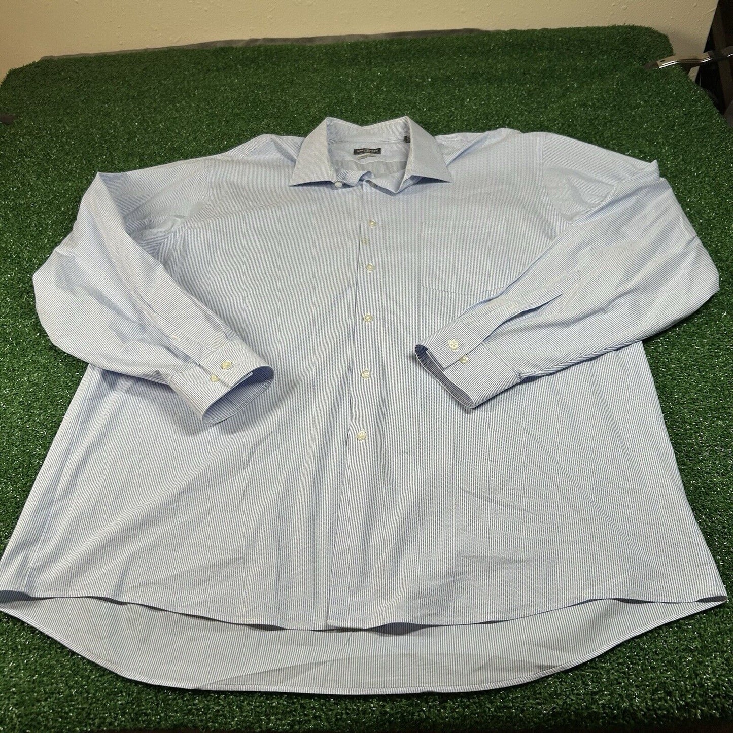 Van Heusen Shirt Men 18.5 34/35 Blue White Striped Stretch Button Up Long Sleeve