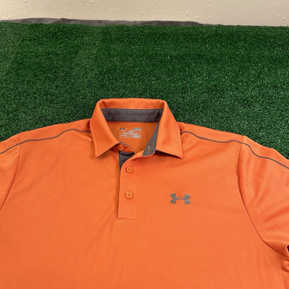 Under Armour Polo Shirt Mens Medium Orange Short Sleeve Golf Athletic Heatgear