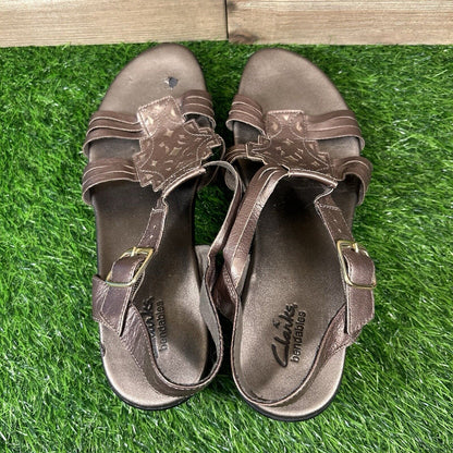 Clarks Bendables Sandals Womens 10 M Bronze Wedge Strappy Leather Open Toe