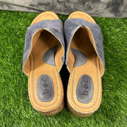 Born BOC Wedge Sandals Womens 10 M Blue Leather Suede Slip On Casual Cork Summer