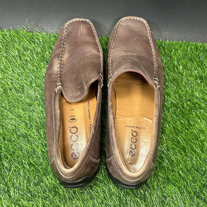 ECCO Loafer Mens 9 Brown Shoes Leather Slip On Casual Driving Comfort Square Toe
