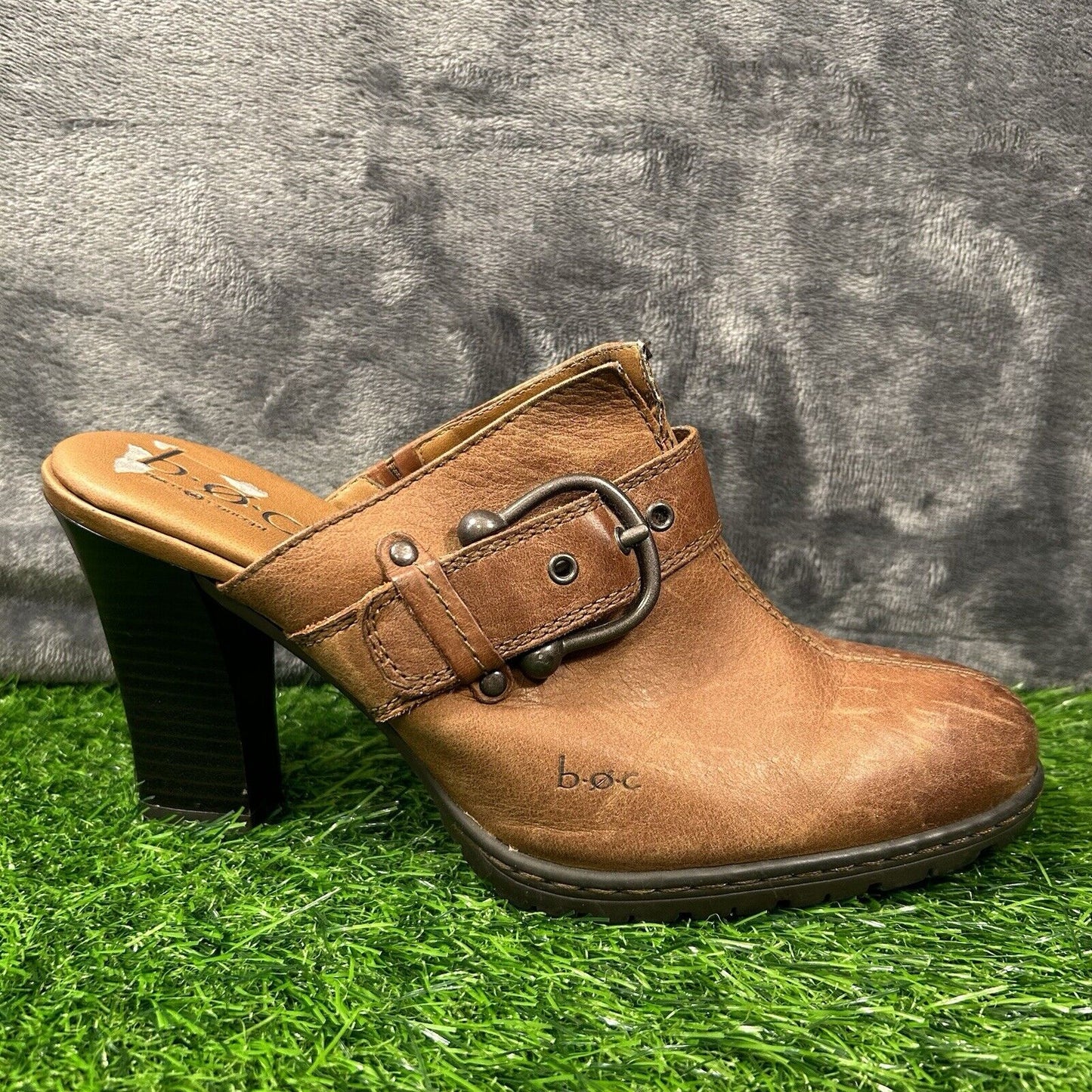 Born Mules Womens 8 M Brown Leather Slip On Heeled Buckle Casual Work Outdoor