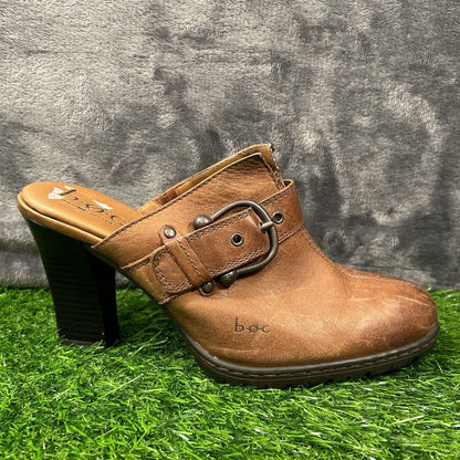 Born Mules Womens 8 M Brown Leather Slip On Heeled Buckle Casual Work Outdoor