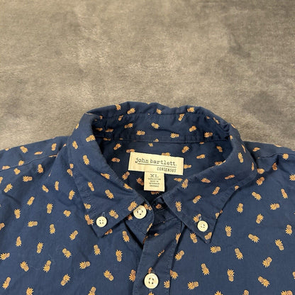 John Bartlett Shirt Mens Extra Large Blue Pineapples Button Up Short Sleeve